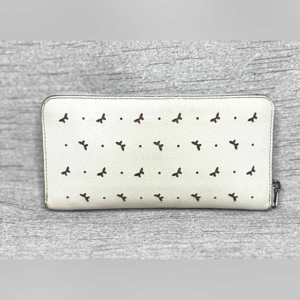 Coach Chalk White Perforated Butterfly Long Accordion Zip Wallet w/ Red Piping - Picture 5 of 11